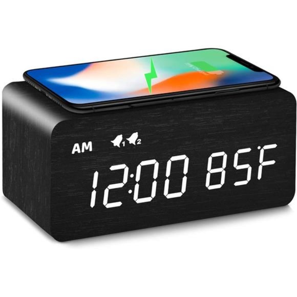 Black Digital Wooden Alarm Clock with Wireless Charging, Bedroom Accessories - Picture 1 of 5